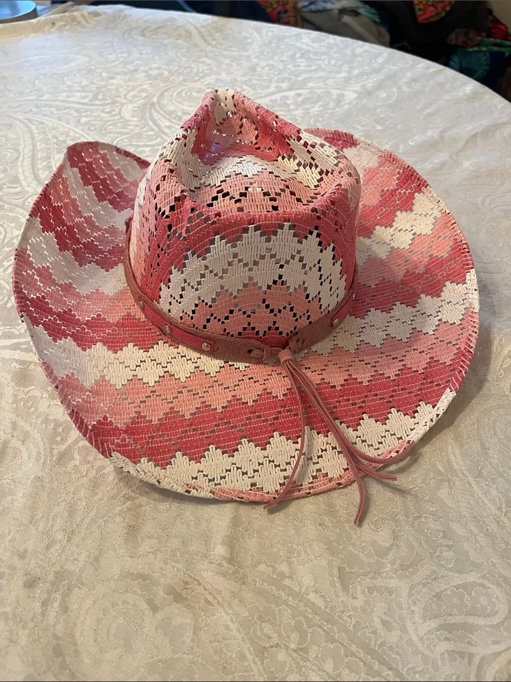 Bullnose Teenage Dream Girls Pink Chevron Straw Cowboy Hat Western EUC